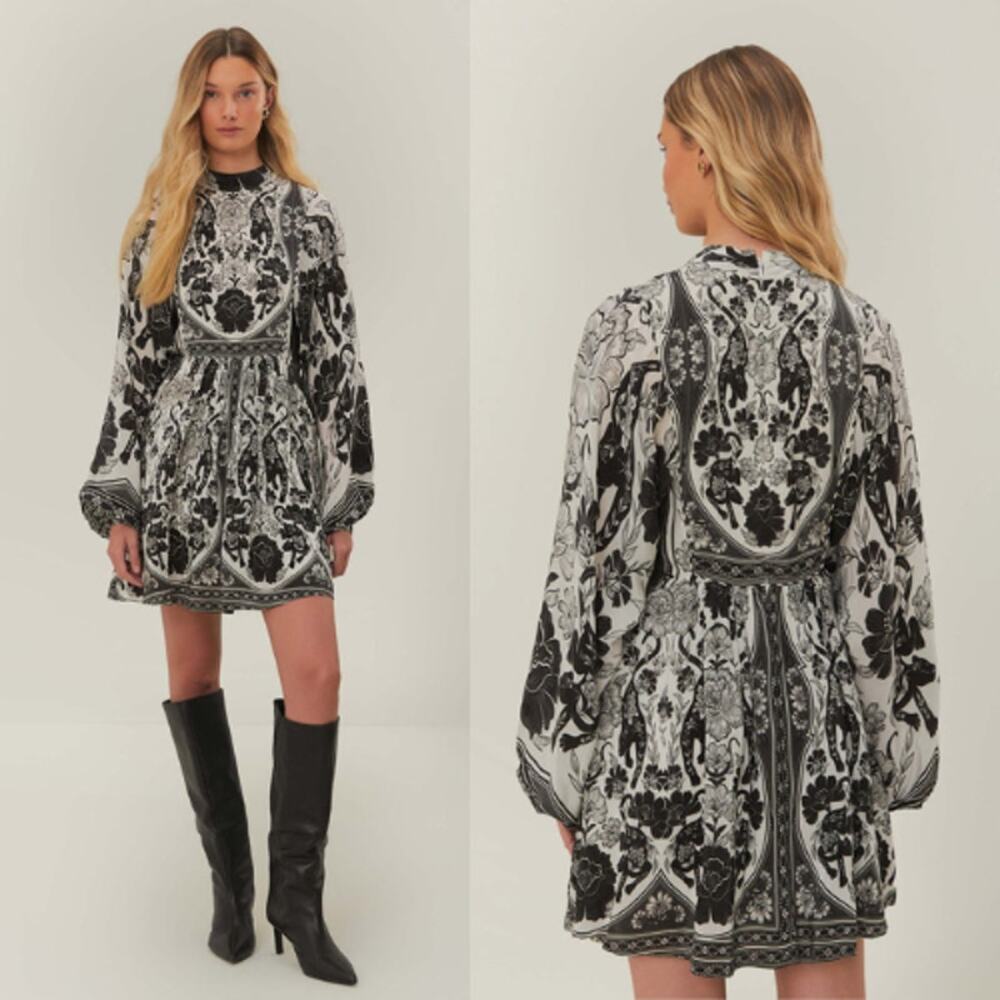 NEW Farm Rio Flower Leopards Mini Dress Long-Sleeve Black & White Size Small